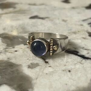 Natural Tanzanite Cabochon in Sterling with 14K Gold Accent Ring Size 7.25